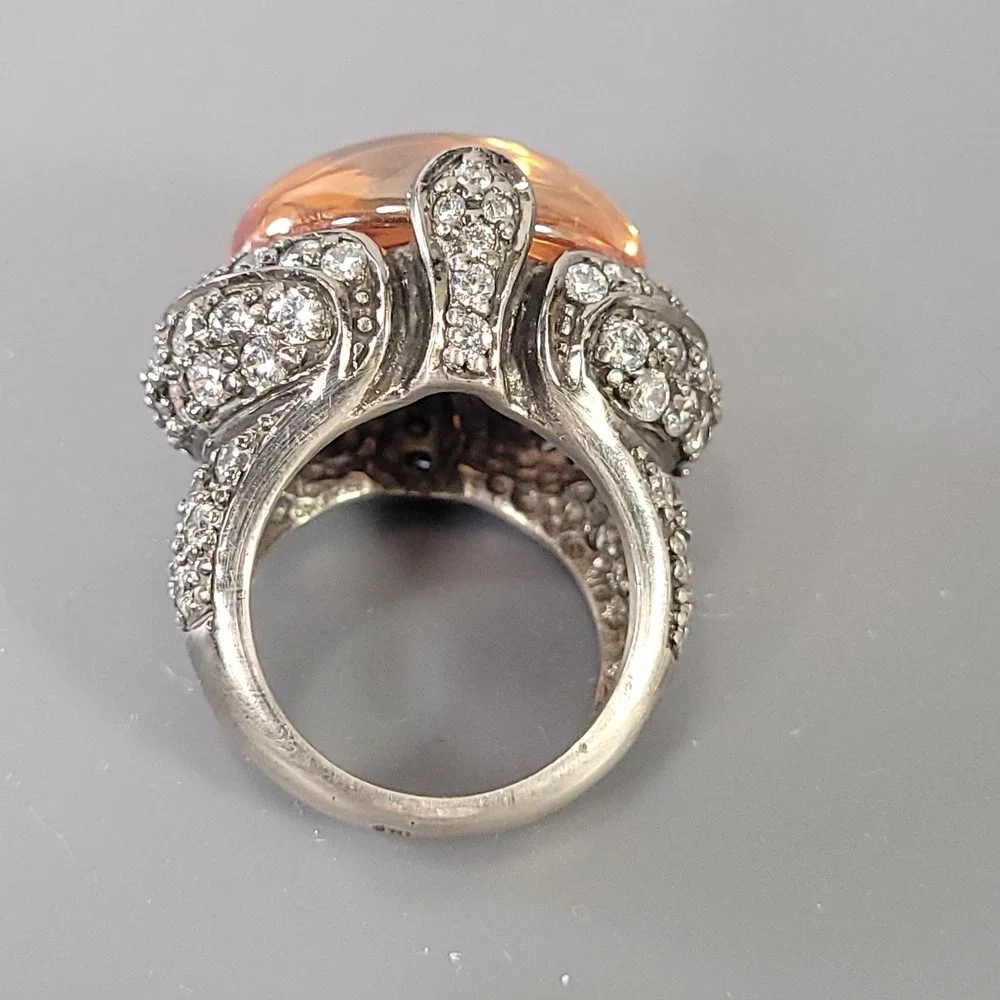 Sterling Silver Ring Chunky Mens Amber Cabochon Pave Size 7.25 Heavy 26.8g 925